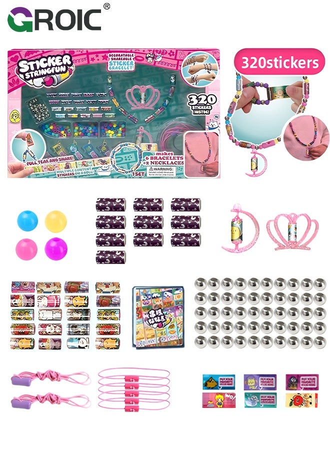 320 DIY Bracelets Sticker, Wearable Shareable Stickers, DIY Jewelry Crafts for Girls, Travel-Friendly Gift for Kids, Mystery Reveal Sticki Rolls, Sticker String Fun DIY Bracelet and Necklace Making Kit